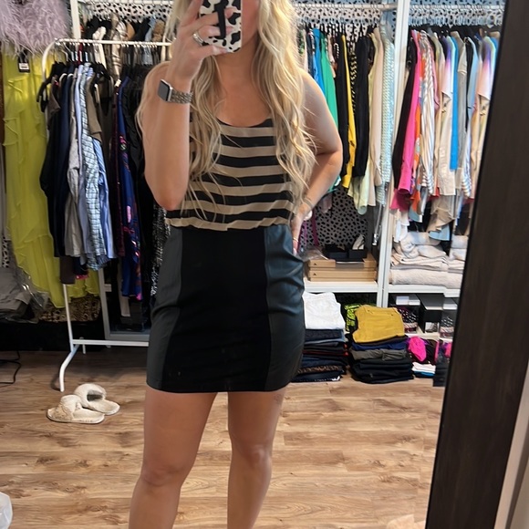 Lush Striped Blouson Dress with Faux Leather Panels - Picture 9 of 12